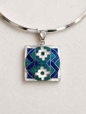 Handmade Peru 950 Silver Lapis & Mother of Pearl Artisan Pendant